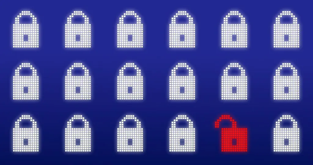 Rows of white digital padlock icons with a single red unlocked padlock standing out