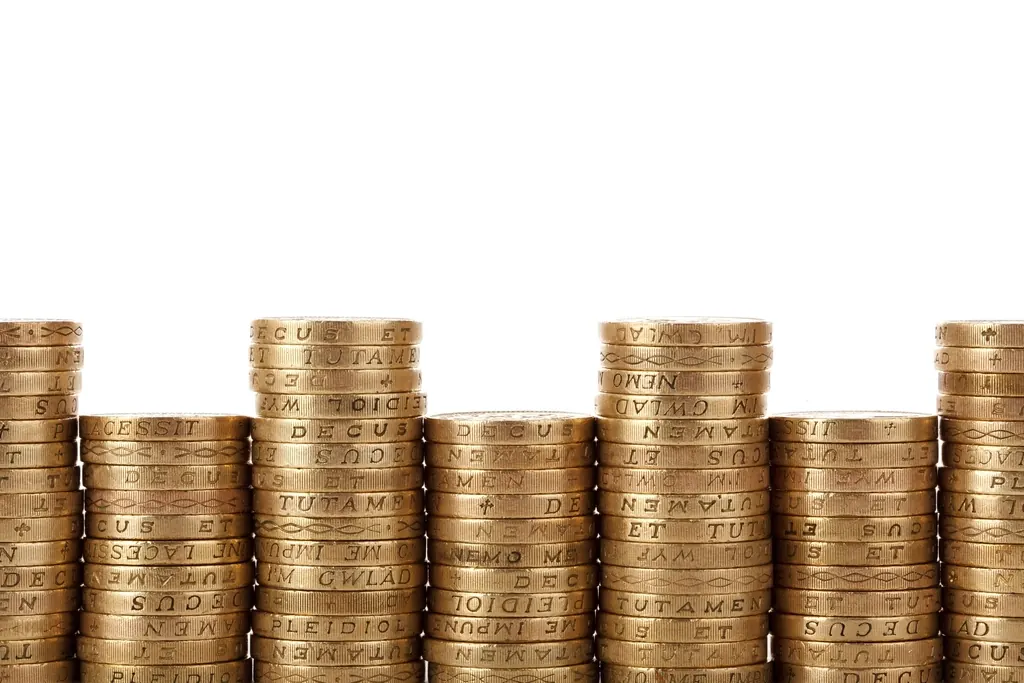 Several stacks of coins lined up against a white background