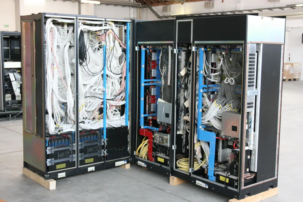Network server cabinets filled with cables